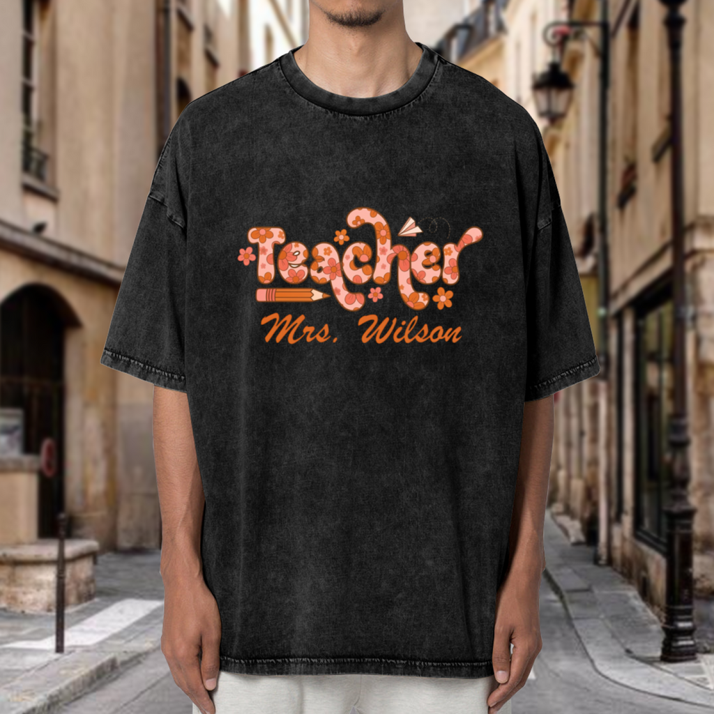 Custom Floral Teacher washed graphic T-shirt product image